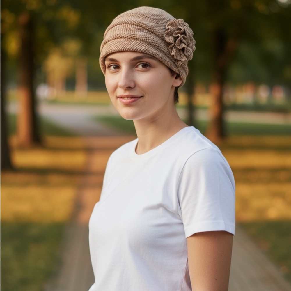 Elegant Tan Knit Women's Hat with Floral Detail